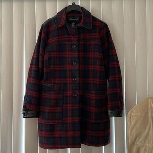 Light/medium weight winter coat. Navy &  red plaid with faux leather black trim.